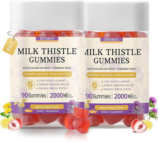 Milk Thistle Gummies with 2000MG Extract, Liver Health Support Gummies, Silymarin Milk Thistle Supplement with Artichoke, Dandelion, Turmeric Curcumin, No Sugar, for Adults, Vegan, 180 Count