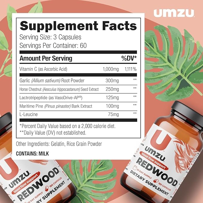 UMZU Redwood Nitric Oxide Booster, 3-Month Supply – Nitric Oxide Supplement with Vitamin C, Garlic & Horse Chestnut – Supports Healthy Circulation, Blood Flow, Energy, Stamina and Daily Vitality