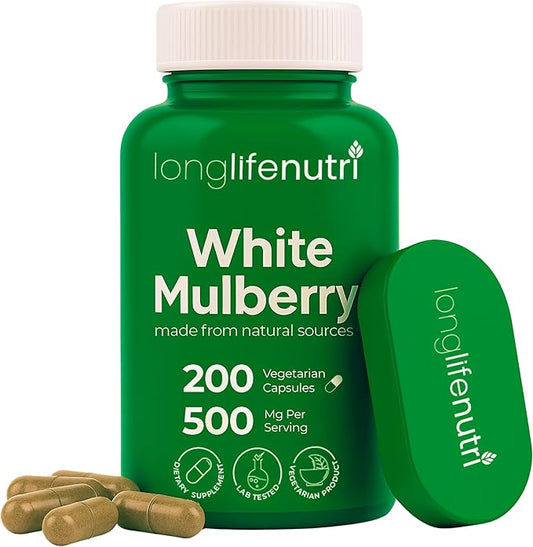 White Mulberry Leaf Extract 500mg - Sourced from Morus Alba Leaf, 200 Vegetarian Capsules, Supplement for Natural Balance and Wellness, 200-Day Supply, GMP Certified, Made in USA