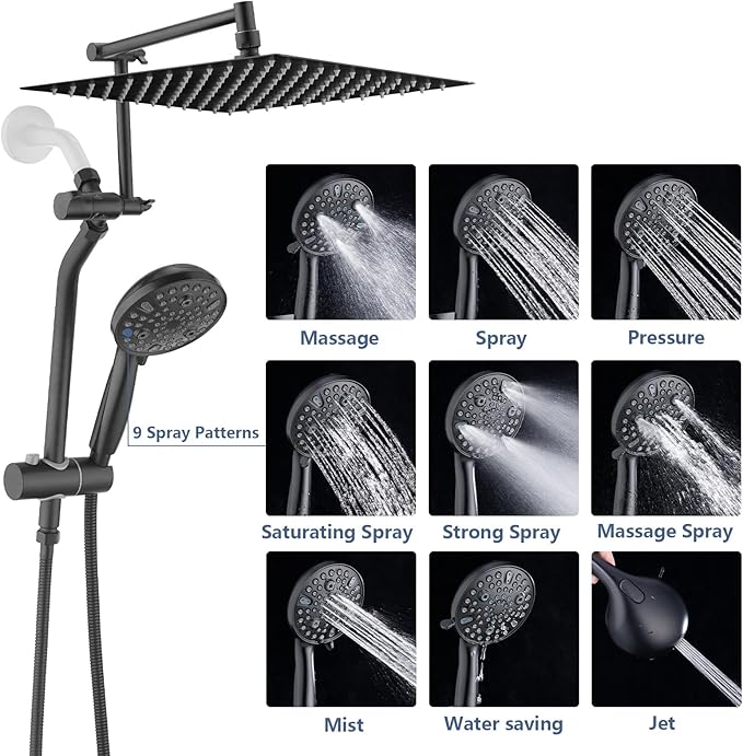 High Pressure 12 Inch Rainfall Shower Head with Handheld Combo, 16" Adjustable Extension Arm Build-in 3-way Diverter, Dual Shower Head Combo Set with Adjustable Height Slide Bar - Matte Black