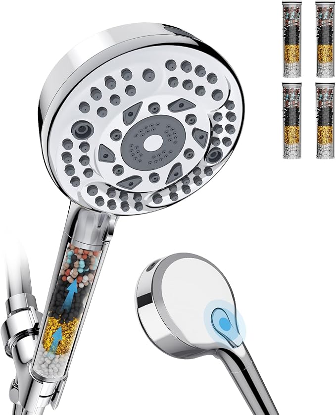 Filtered Shower Head with Handheld, 9 Spray Mode High Pressure Shower Head with 4 Filters, Hard Water Filter Showerhead - Remove Chlorine, Chrome