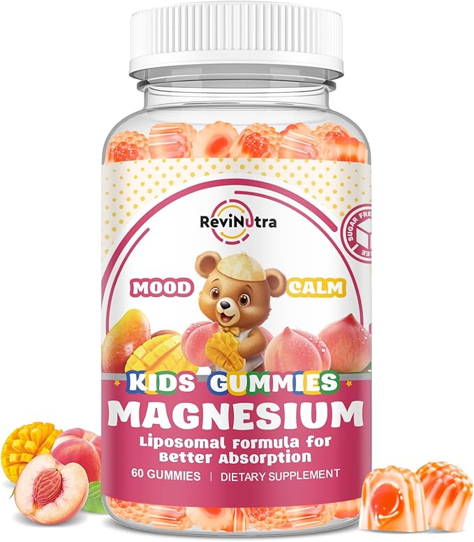 Liposomal Kids Magnesium Gummies- Magnesium Glycinate Gummies for Kids Supplement-w/Omega-3, Vitamin B6, D3- Support Calm Stress Relief, Bones, Mood, Peach & Mango Flavor, 60 Count