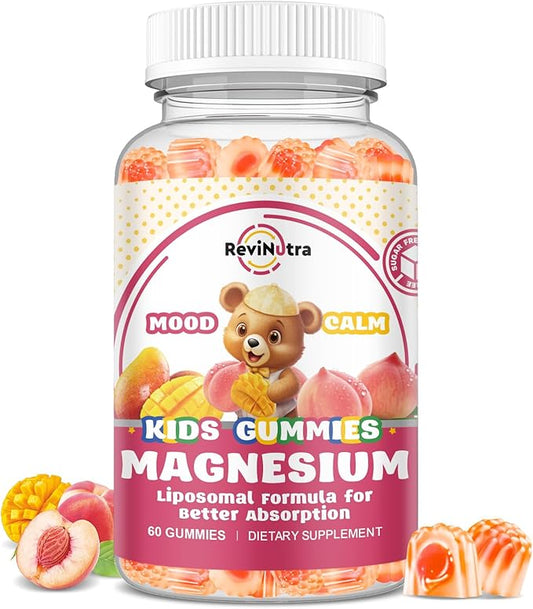 Liposomal Kids Magnesium Gummies- Magnesium Glycinate Gummies for Kids Supplement-w/Omega-3, Vitamin B6, D3- Support Calm Stress Relief, Bones, Mood, Peach & Mango Flavor, 60 Count