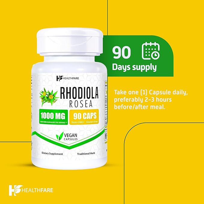Rhodiola Rosea Capsules 1000mg Equivalent | 90 Vegan Capsules | Premium Adaptogen Herbal Supplement | Naturally Sourced | Made in The USA