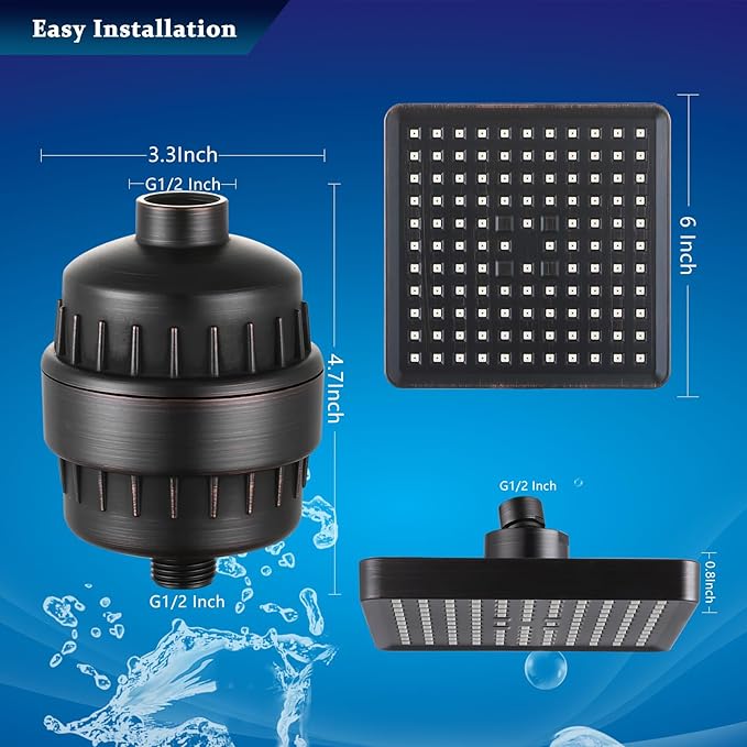 High Pressure Filtered Shower Head Set, 6’’ Rain Shower Filter for Hard Water, Universal Square Showerhead 20 Stage Filtration Removes Impurities for Rejuvenated Skin by Eolax, Oil-Rubbed Bronze