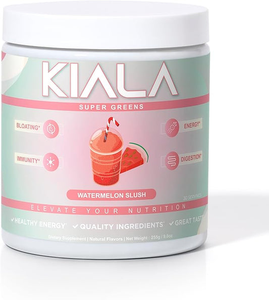 Kiala Nutrition Super Greens, Organic Greens Powder with Spirulina & Chlorella for Digestion, Gut Health, Immunity, Energy, Gluten Free, Vegan, Sugar Free, Spectra Blend, Watermelon Slush, 30 Servings