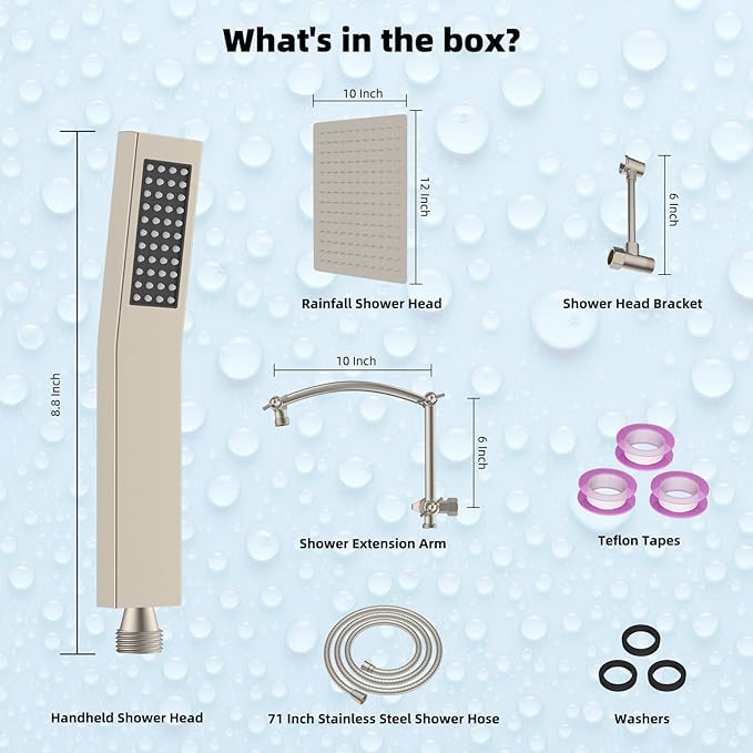 Hibbent All Metal 12'' Rainfall Shower Head, Dual Shower Head Combo, High Pressure Handheld Shower Wand, 16'' Adjustable Arc-shaped Shower Extension Arm, 71'' Hose, Showerhead Holder, Brushed Nickel