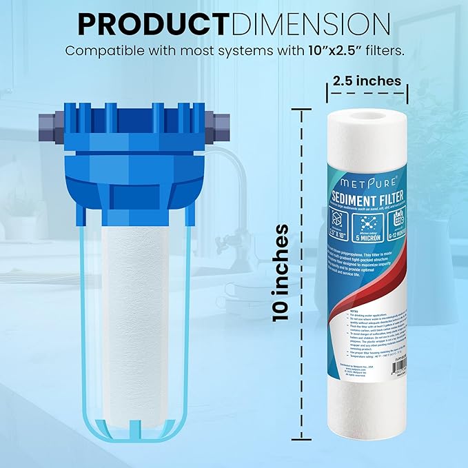 6-Pack Sediment Filter 2.5"x10" 5 Micron Multi-Gradient Cartridge Replacement for Any Standard RO Drinking Water System, Whole House Filtration. Compatible with DuPont, Compatible with Pentek