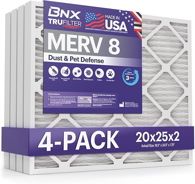 BNX TruFilter 20x25x2 Air Filter MERV 8 (4-Pack) - MADE IN USA – Dust & Pet Defense Electrostatic Pleated Air Conditioner HVAC AC Furnace Filters for Dust, Pet, Mold, Pollen MPR 600 – 700 & FPR 5