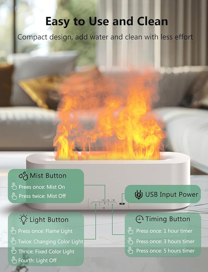 Flame Air Diffuser, Humidifier, Essential Oil Diffuser - 7 Colors, 180mL Capacity (8 Hours), Noiseless Operation, Auto-Off Protection - Perfect for Home Bedroom Office Gifts(Black)