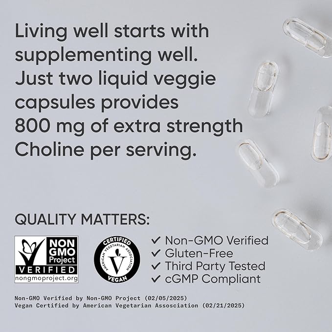 Sports Research® Extra Strength Choline 800 mg - Essential Nutrient Featuring VitaCholine® for Focus Support - Vegan Certified · Non-GMO · Gluten Free - 60 Liquid Capsules