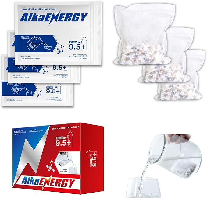 3-Pack Alkaline Water Filter Pouches|pH 9.5, Boosts Water pH, Adds Essential Minerals for Hydration & Wellness| for Jugs & Pitchers&Containers(150g/pack)