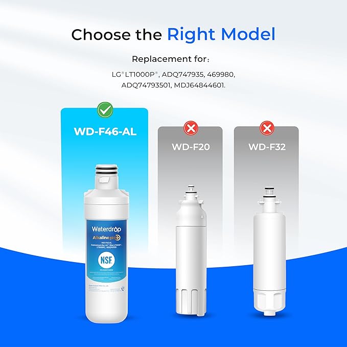 Waterdrop Alkaline LT1000PC ADQ747935 Replacement for LG® LT1000P®/PC/PCS ThinQ® Refrigerator Water Filter, LFXS26973S, LMXS28626S, LMWS27626S, LFXS28596S, LFXS26596S, Enhance PH, 2 Filters