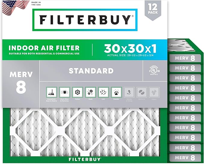 Filterbuy 30x30x1 Air Filter MERV 8 (MPR 700) Dust Defense Replacement (12-Pack), Electrostatic Pleated HVAC AC Furnace Filters, Made in USA (Actual Size: 29.50 x 29.50 x 0.75)
