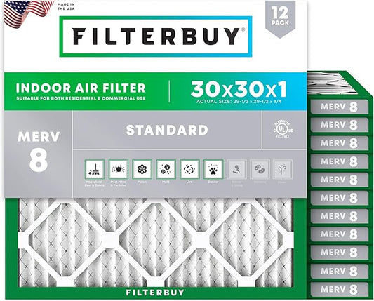 Filterbuy 30x30x1 Air Filter MERV 8 (MPR 700) Dust Defense Replacement (12-Pack), Electrostatic Pleated HVAC AC Furnace Filters, Made in USA (Actual Size: 29.50 x 29.50 x 0.75)