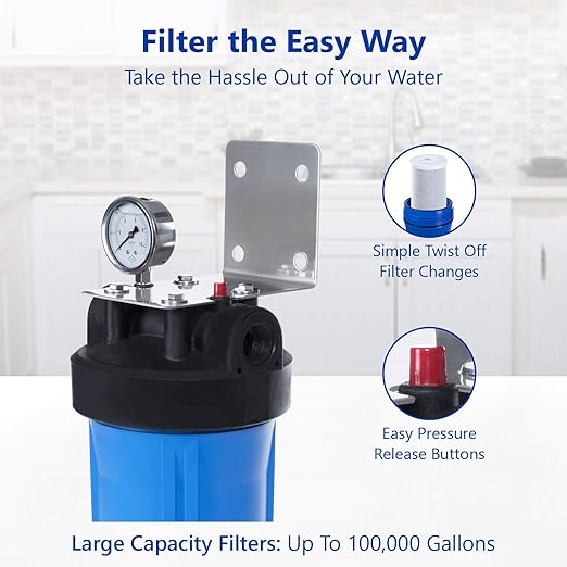 Express Water Whole House Water Filter, 1 Stage Home Water Filtration System, KDF Heavy Metal Filter, Includes Pressure Gauges, Easy Release, and 1 Inch Connections.