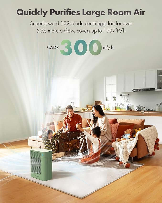 T356 Air Purifier for Home Large Room Bedroom Up to 1937 Ft² in 1 Hr With Double-sided Air Inlet, Air Quality and Light Sensors, HEPA Sleep Mode for Allergies, Dust, Pollen, Pet Hair, Green