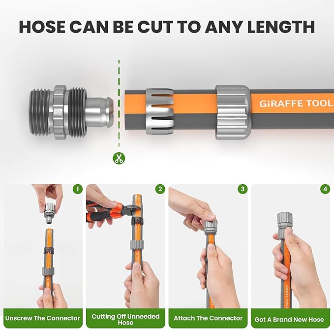 Giraffe Tools Garden Hose 50FT, 5/8" Lightweight Lay Flat Water Hose, Custom Length, Flexible, Leakproof Hybrid Hose Pipe with Male to Female Fitting