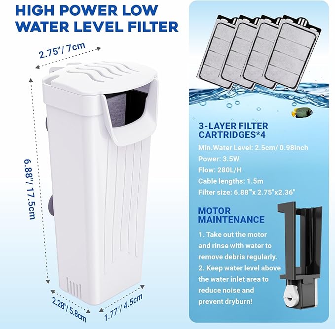 GOZILLA Turtle Tank Filter 74GPH, Low Water Level Turtle Tank 3.5W Fish Tank Aquarium Filters for Small Tanks up to 15 Gallons Include 4 Replacement Cartridges.(White)