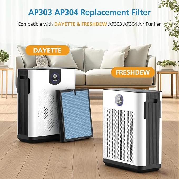 AP303/AP304 Replacement Filter Compatible with DAYETTE ＆ FRESHDEW Air Purifier AP303/AP304, 3-in-1 Filtration System Replacement Filters with Activated Carbon for Home Room, 2 Pack (Wildfire Filter)