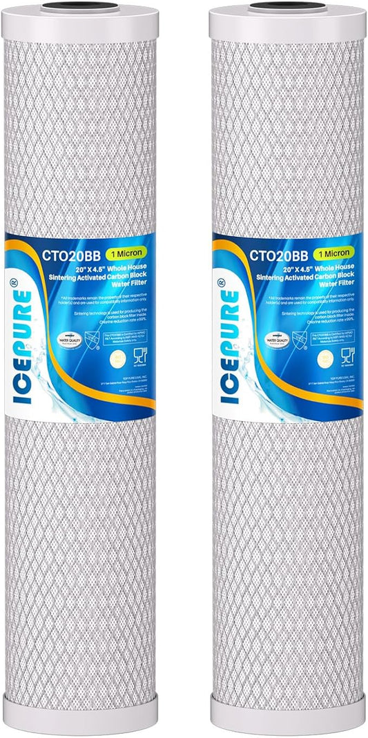 ICEPURE 1 Micron 20" x 4.5" Whole House CTO Coconut Shell Activated Carbon Water Filter Cartridge Replacement for FC25B, EPM-20BB, CB-BB-20, DB20P, EP-20BB, CTO-F20B-5, F3WGB32BM, 155783-43, 2 Pack