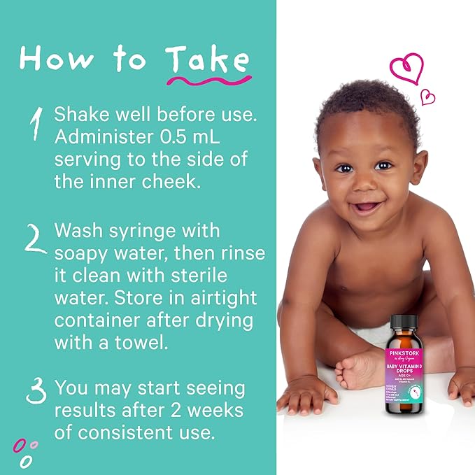 Pink Stork Baby Liquid Vitamin D Drops for Infants, 400 IU Vitamin D3 for Newborns and Kids to Help Support Bone Development and Healthy Immune Function - 1 fl oz, 2 Month Supply