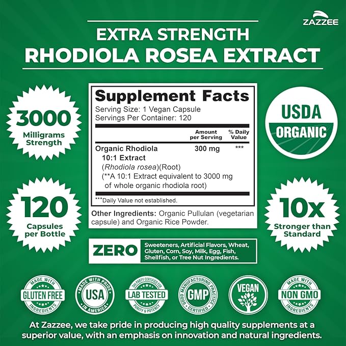 Zazzee USDA Organic Rhodiola 10:1 Exract, 3000 mg Strength, 120 Capsules, 4 Month Supply, Standardized and Concentrated 10X Extract, 100% Vegetarian, Extra Strength, All-Natural and Non-GMO