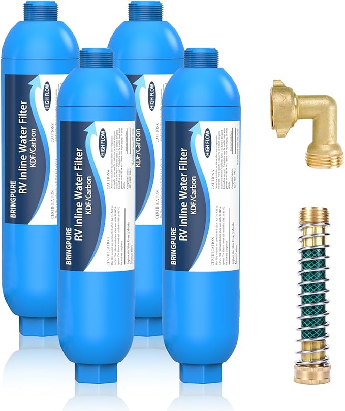 4 Packs of RV Inline/Marine Water Filter With Flexible Hose Protector, NSF Certified, Dedicated for Gardening, RVs, Campers, Trailer, Compatible with 40043 KDF Filter