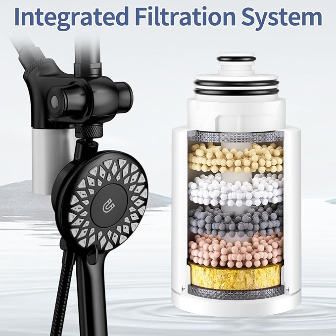 SINGSUO Filtered Rain Shower Head with Handheld Spray Combo, High Pressure Dual Shower Head with Filter for Hard Water, Modern Magnetix Double Shower Head and Handle Set, Adjustable Lift Bar (Black)