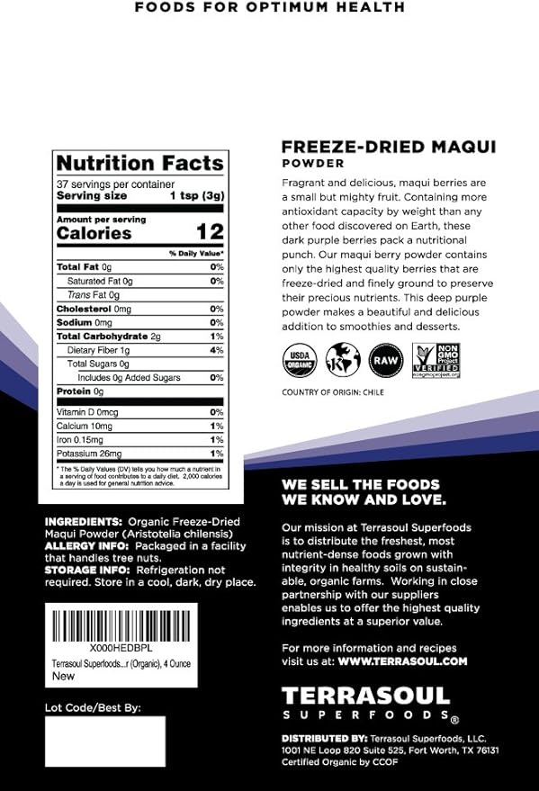 Terrasoul Superfoods Organic Maqui Berry Powder, 1 Lb (Pack of 4), Freeze-Dried, Antioxidant-Rich Superfood for Smoothies, Desserts, and Immune Support