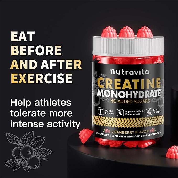 Creatine Monohydrate Gummies for Men & Women-5g of Creatine Monohydrate per Serving - Sugar Free,Vegan, Cranberry Flavor, 120 Count