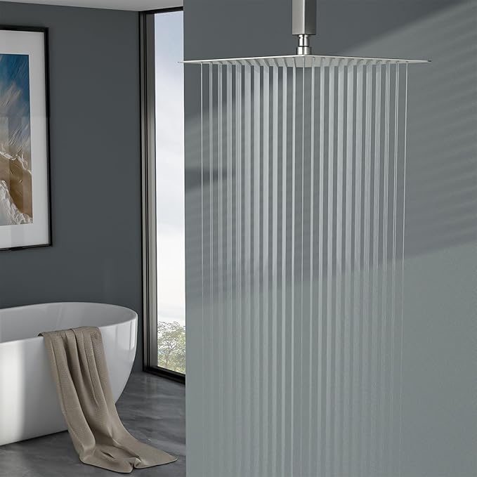 Lordear Rain Shower Head 12 Inch Solid Ultra Thin 304 Stainless Steel Adjustable Square Rainfall Shower Head Full Body Coverage with Silicone Nozzle 12” Waterfall Showerhead,Brushed Nickel