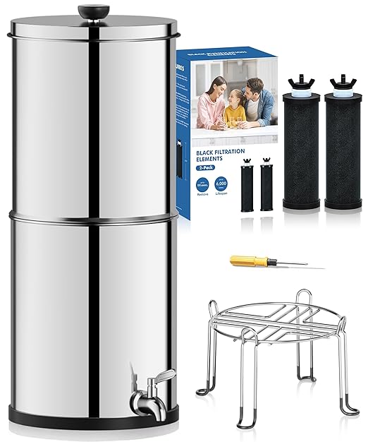 Purewell Gravity-Fed 1.5 Gallon Stainless Steel Countertop Water Filter System – Perfect for Kitchen Use, Camping, and Adventure