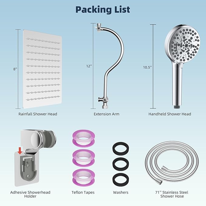 Hibbent All Metal Shower Head, 8'' High Pressure Rainfall Shower Head, Handheld Showerhead Combo with 12'' Adjustable Curved Extension Arm, 10-Spray, 71'' Hose, Adhesive Showerhead Holder, Chrome