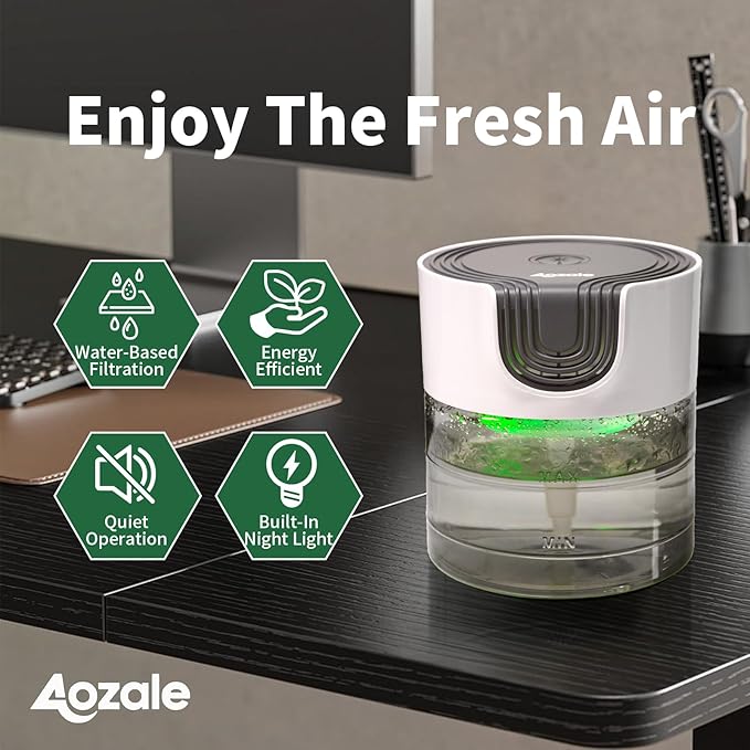 Aozale Water Air Purifier for Home, Quiet Variable Speed Water-Based Air Purifiers with LED Night Light, Essential Oil Aroma Diffuser, Humidifier & Freshener - for Home Pets Odors, Smoke (Gray)