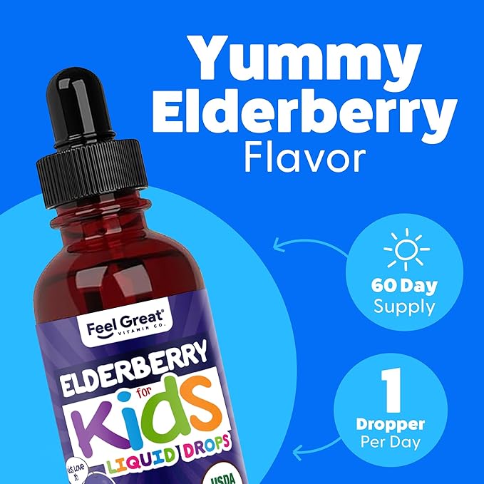 Elderberry for Kids Liquid Drops with Vitamin C & Zinc - 2oz - Children and Toddler Immune Support Supplement USDA Organic Sambucus Elderberry Extract Ages 1-13 Years - Made in USA - 2 fl oz