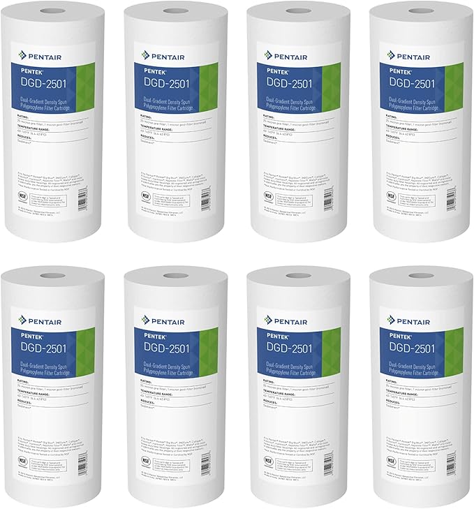 Pentair Pentek DGD-2501 Big Blue Water Filter, 10-Inch Whole House Sediment Filter Cartridge Replacement, Dual-Gradient Density Spun Polypropylene, 10" x 4.5", 1 Micron, Pack of 8