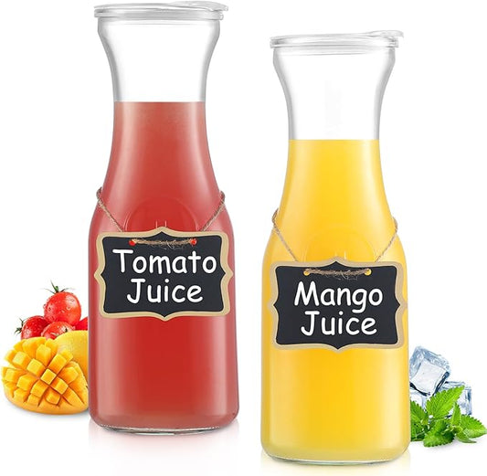 2pcs Glass Carafe with Lid, Premium Clear Water Pitcher Carafe 1 Liter Juice Containers with Lids for Brunch Cold Warm Water Beverage Wine Iced Tea Lemonade, BPA Free Shatter Proof