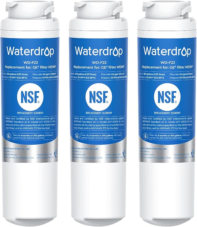 Waterdrop MSWF Refrigerator Water Filter, Replacement for GE® MSWF, 101820A, 101821B, RWF1500A, NSF 42&372 Certified, Pack of 3 (Package May Vary)