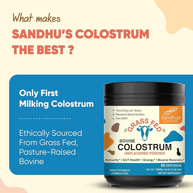Sandhu's Grass Fed Bovine Colostrum Powder for Humans, Adults | 65 Servings (Pack of 1) Cows Supplement | High IgG for Gut Health | Immunity & Muscle Recovery Support | Unflavored | for Men & Women