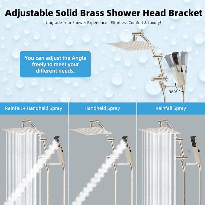 Hibbent All Metal 8'' Rainfall Shower Head, Shower Head Combo, High Pressure Handheld Shower Wand, 4 Sprays, 16'' Adjustable Arc-shaped Extension Arm, 71'' Hose, Showerhead Holder, Brushed Nickel