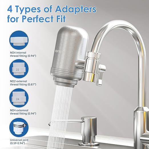Faucet Water Filter for Sink, Rapid Flow - 400 Gallons Faucet Mount Water Filtration System for Tap Water, NSF Certified Reduces Chlorine (Grey-T2-2 Filter)