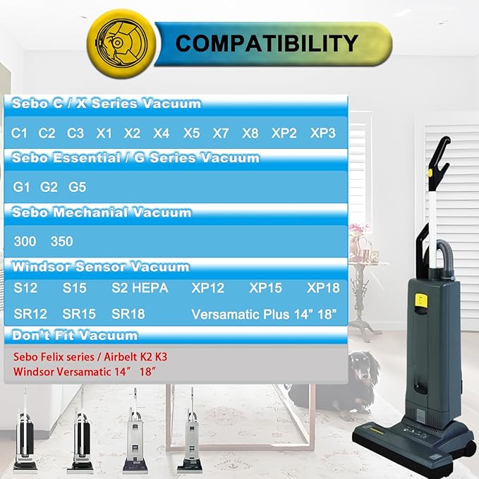 15 PACK 5093AM Vacuum Filter Bags for Sebo C/G/X Series, 300/350 Mechanical, 370 Comfort Upright Vacuum Cleaner & Windsor Sensor S12 S15 XP12 XP15 XP18 SR12 SR15 SR18 Versamatic Plus