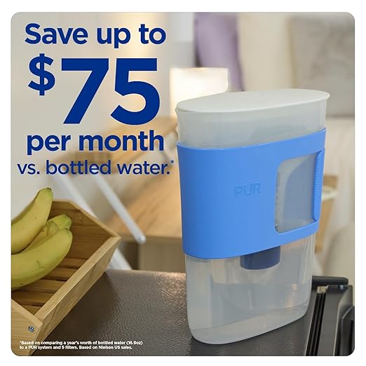 PUR Water Filter Pitcher Slim Design 8 Cup Capacity with 1 Filter, Dishwasher Safe, Faster Filtration, Water Purifier for Cleaner, Great Tasting Water, Ideal for Compact Space, Dorm Room, Violet