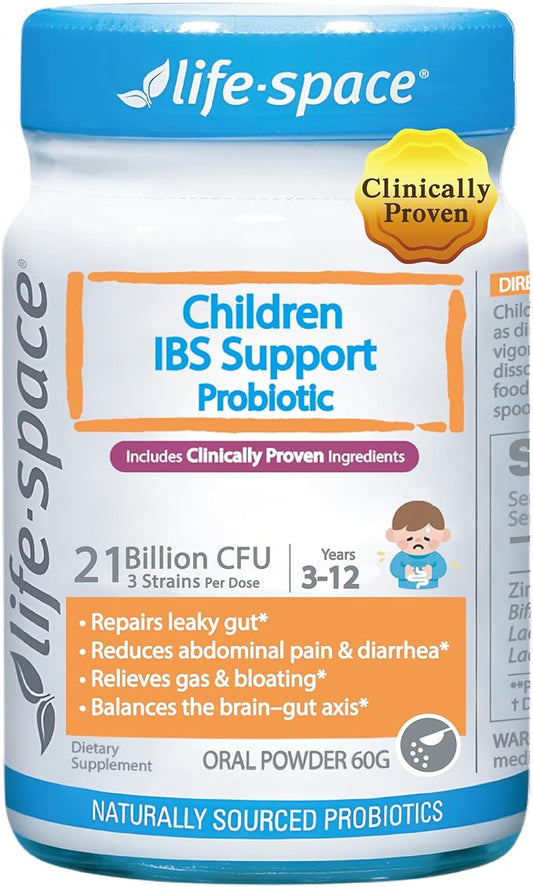 Life-Space Children IBS Support Probiotic, Clinically Proven to IBS Relief, 4 in 1 Kids Probiotic, 21 Billion CFU, Supports Reduce Symptoms of IBS, Include Bloating, Gas & Diarrhea, 60 Grams