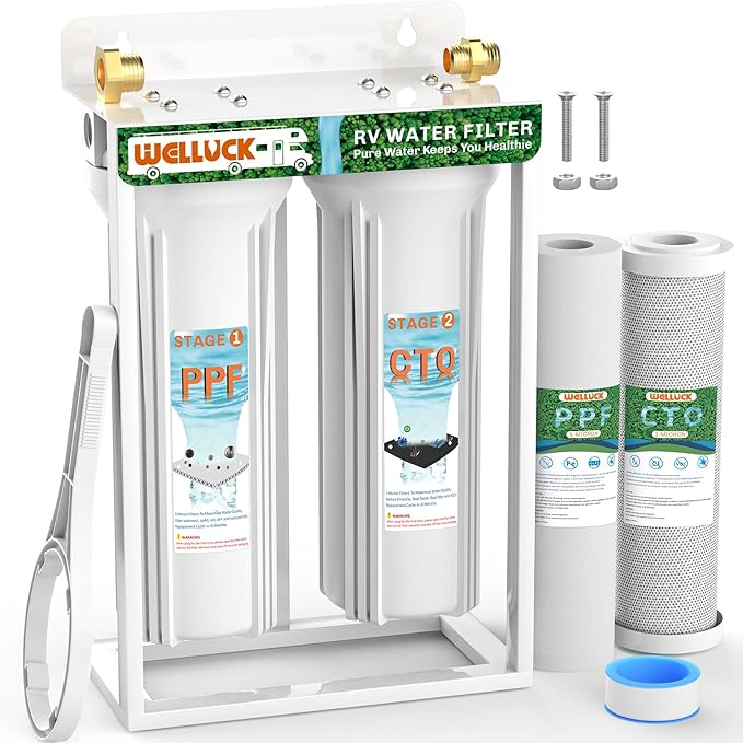 WELLUCK External RV Dual Water Filter System Reduce Chlorine and Odor, Camping Water Filter with mounting Bracket and Leak-Proof Brass Fittings for RVs Camping Trailer Motorhome Boat Marine Drinking