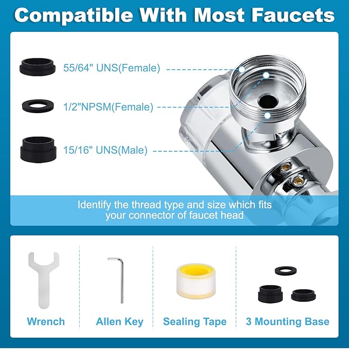 1440º Sink Water Filter Faucet Extender Telescopic, Splash-proof Sink Faucet Extender with Filter, Reduce 99% Chlorine, 2 Modes Spray Attachment for Kitchen/Bathroom/Toddlers, 8Pcs Replacement Filter