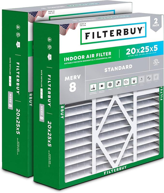 Filterbuy 20x25x5 Air Filter MERV 8 Dust Defense (2-Pack), Pleated HVAC AC Furnace Air Filters for Amana, Coleman, Goodman, Maytag, York, and More (Actual Size: 20.19 x 25.31 x 5.25 Inches)