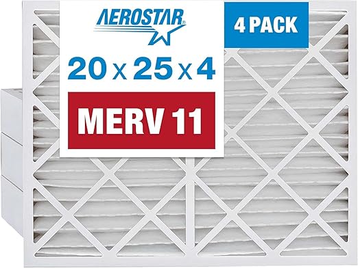 Aerostar 20x25x4 MERV 11 Air Filter, 4 Pack Set of HVAC Furnace Filters, Electrostatic MPR 1000-1200 & FPR 7 (Actual Size: 19 1/2 x 24 1/2 x 3 3/4 inches)
