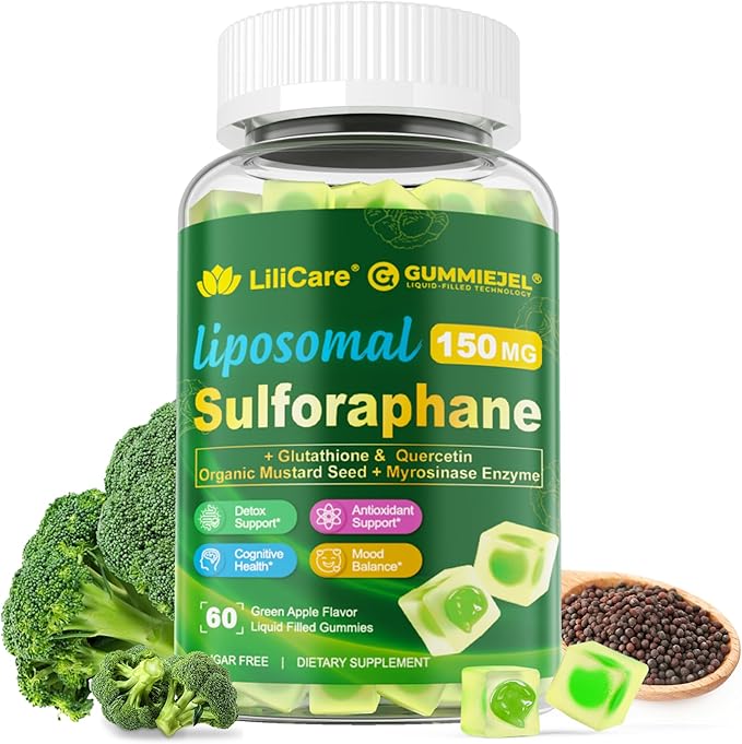 Liposomal Sulforaphane Supplement 150mg, from Broccoli Sprout Extract w/Myrosinase, Quercetin, Glutathione, Broccoli Supplement Gummies for Antioxidants Detox Cellular Brain Health, Chewable 60 Cts